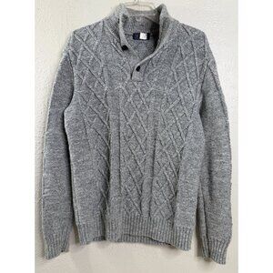 GAP Mens Medium Chunky Cable Knit Sweater Mock Neck 100% Cotton Heather Gray GUC